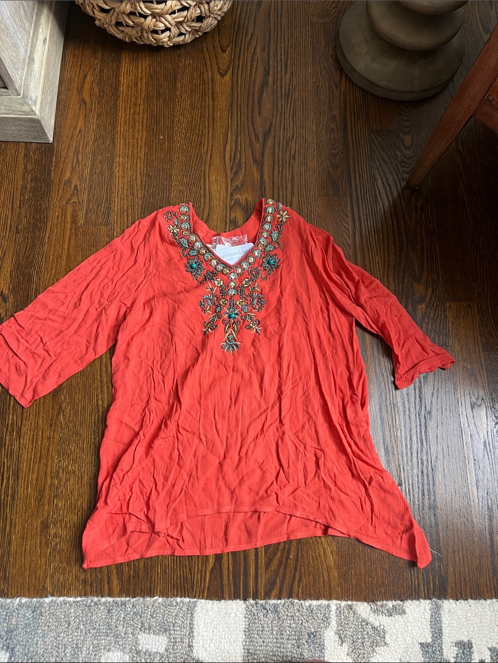 Soft Surroundings Coral Red Embellished V-Neck Tunic